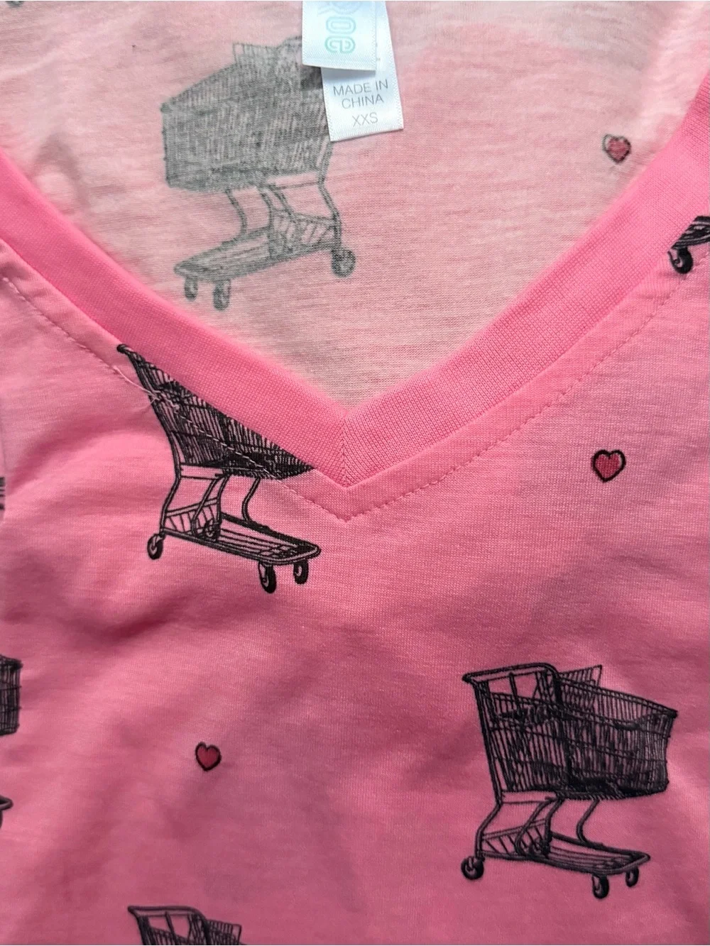 LuLaRoe Pink V-Neck Tee with Black Shopping Cart Print